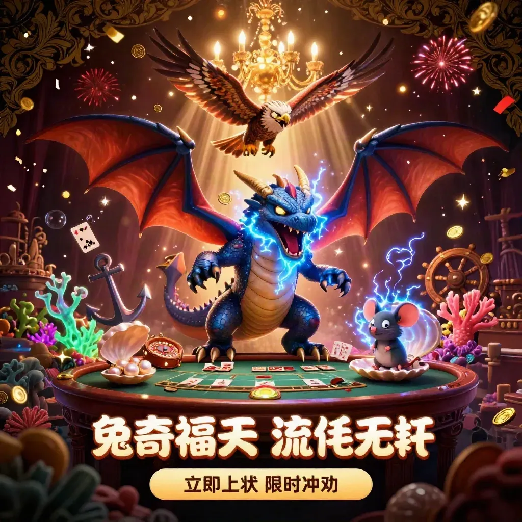 Thunder dragon, wind hawk, and static mouse amid gold coins, coral, cards, and casino magic.