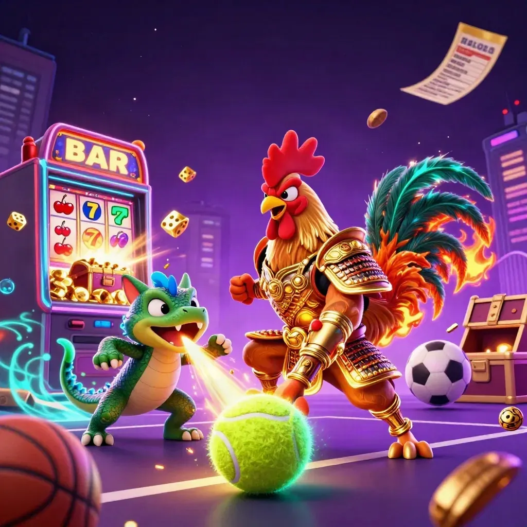 Rooster warrior, dragon hatchling, and fortune cat amid casino bursts and tennis-night action.