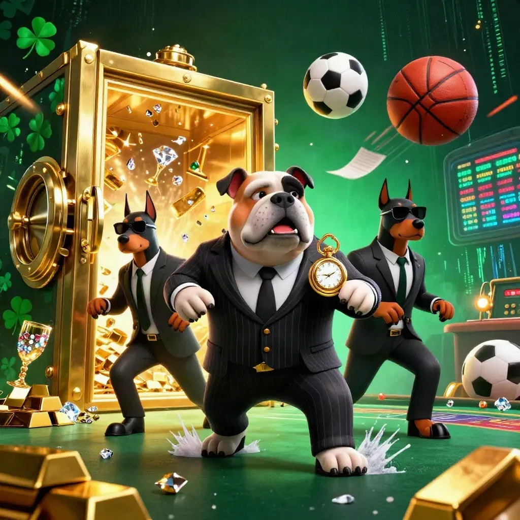 Bulldog boss and Dobermans burst through a glowing gold vault with sports balls, gems, and casino neon.