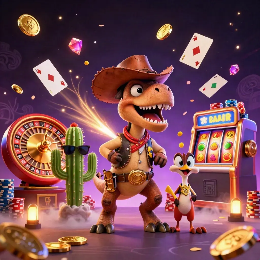 Cowboy T-Rex, cactus sidekick and sheriff roadrunner amid casino coins, cards and neon-gold bursts.