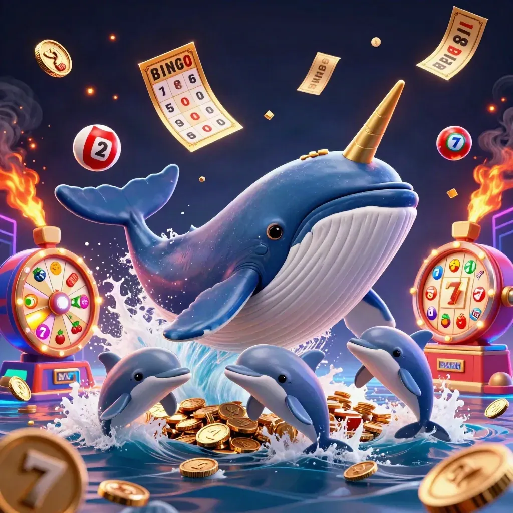 Whale captain, narwhal and dolphins erupt through coins with casino prizes and neon lights
