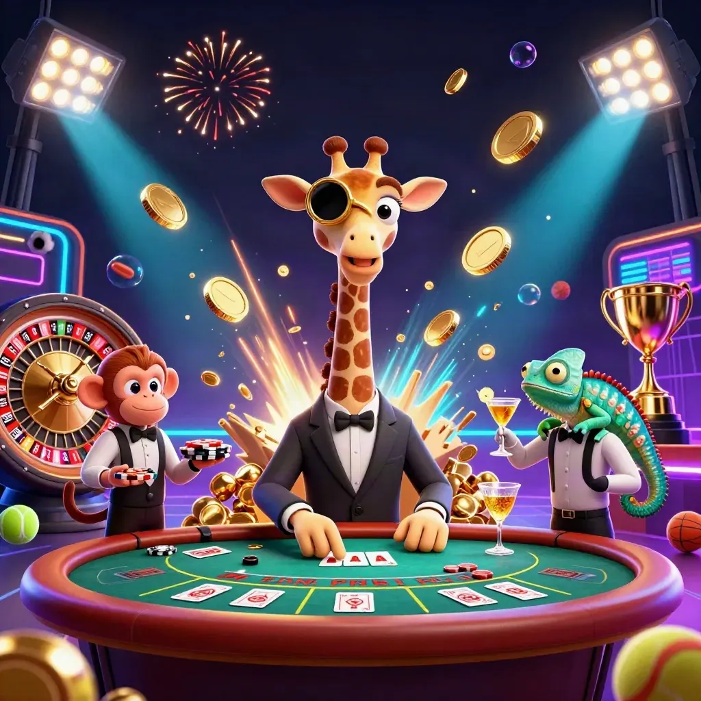 Giraffe, monkey, and chameleon at a casino table amid coins, fireworks, and sports balls