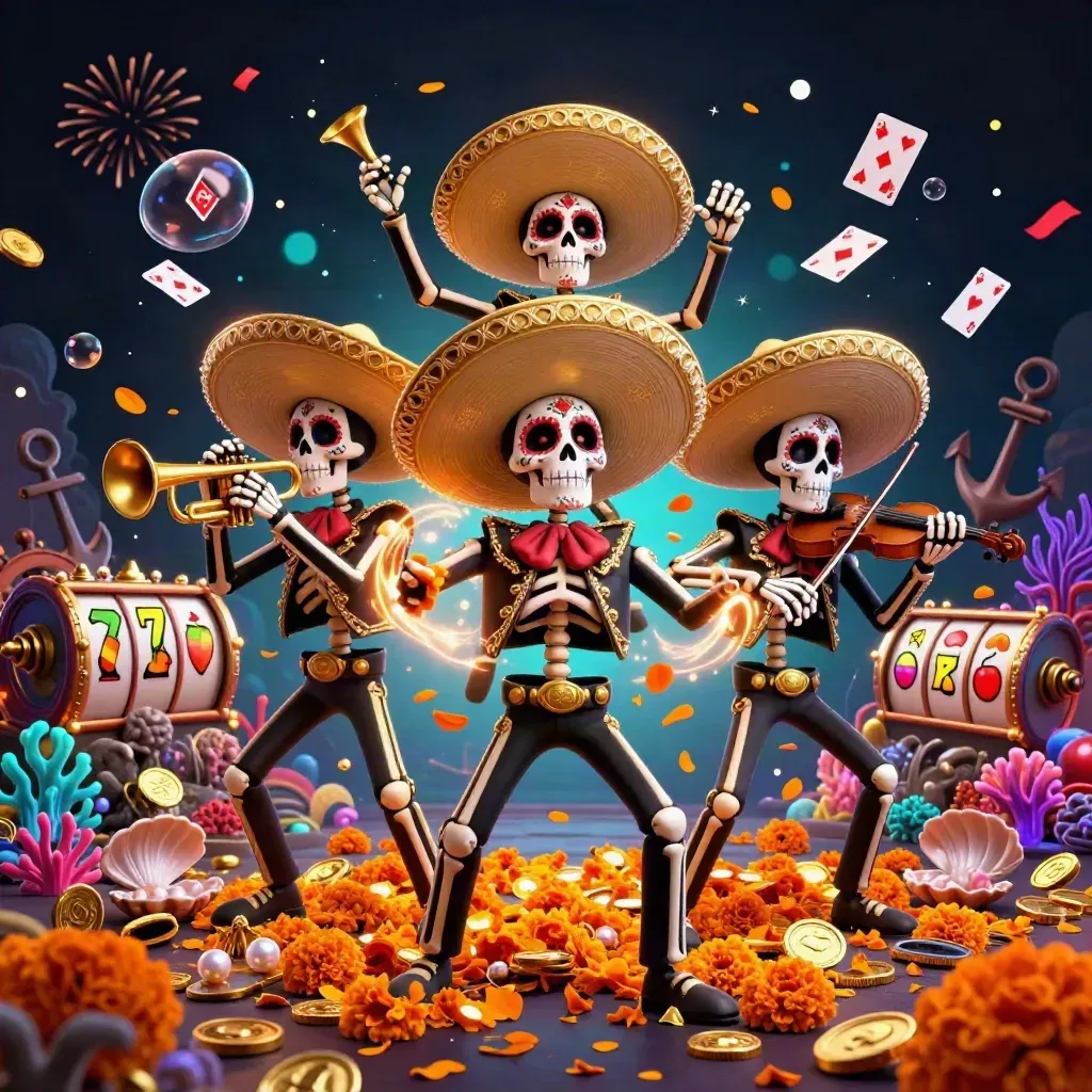 Skeleton mariachi trio with coins, coral, cards, and casino reels in a dark neon underwater scene