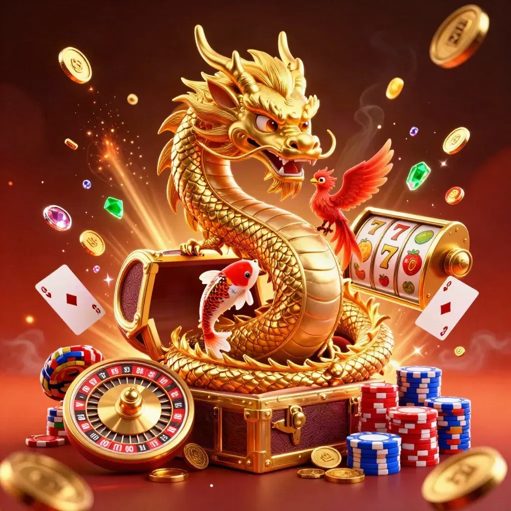 Golden dragon with phoenix and koi amid casino coins, cards, reels, and chips on a dark crimson glow.