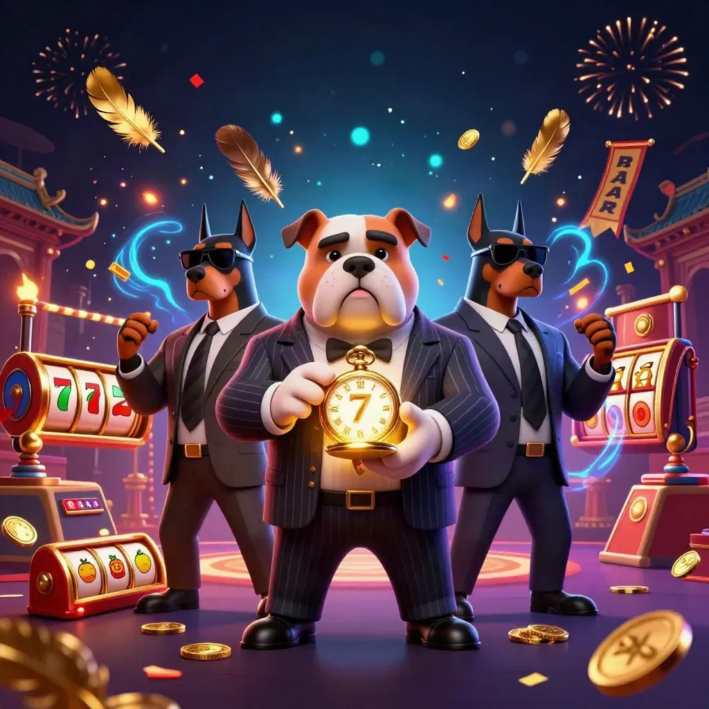 Bulldog boss with two Dobermans amid casino relics, reels, coins, and neon sparks on a dark backdrop