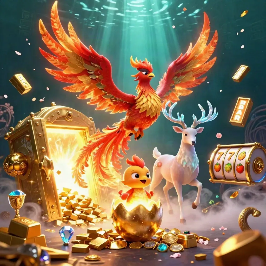Fire phoenix, hatching chick, and crystal stag amid vault gold, reels, gems, and glowing magic.